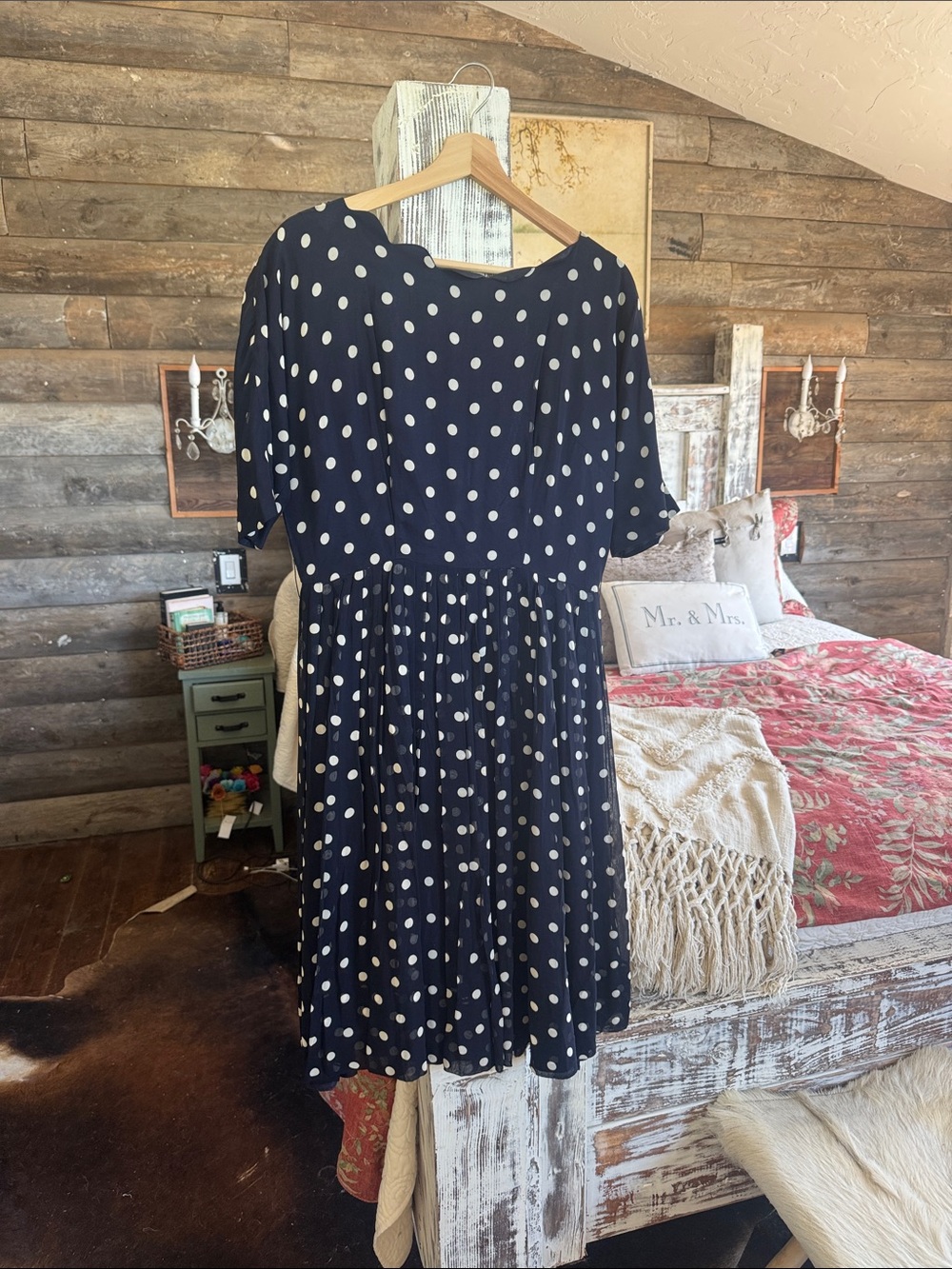 1950 Vintage Navy Blue Dress with White Polka Dots
